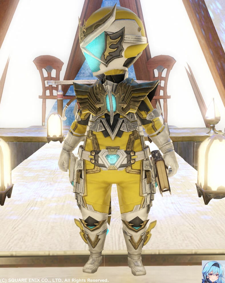 イエロー(カナリーイエロー)メットかぶってヒーローお約束の横向きポーズです