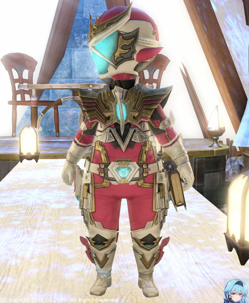 ピンク(チェリーピンク)メットかぶってヒーローお約束の横向きポーズです