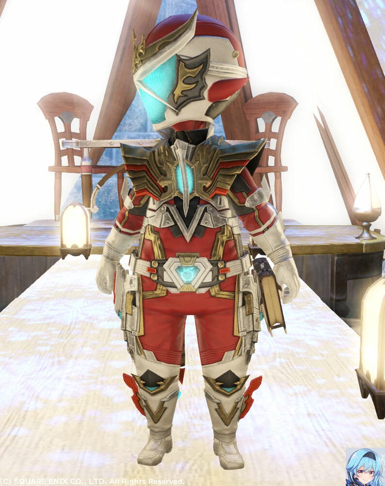 レッド(染色なし)メットかぶってヒーローお約束の横向きポーズです